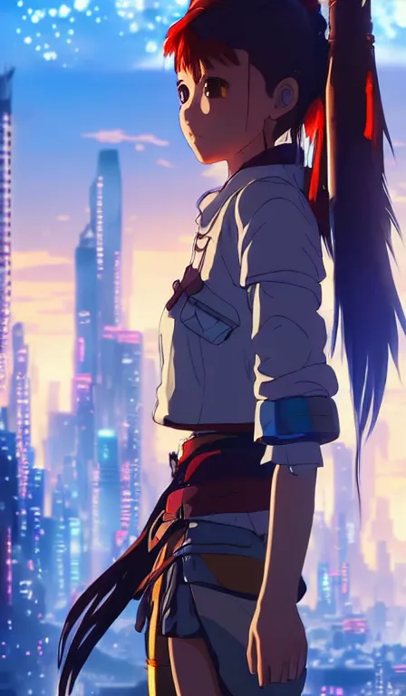 Image similar to anime fine details portrait of Aloy in front of cyberpunk moder city landscape on the background deep bokeh, close-up view, anime masterpiece by Studio Ghibli. 8k, sharp high quality anime, artstation