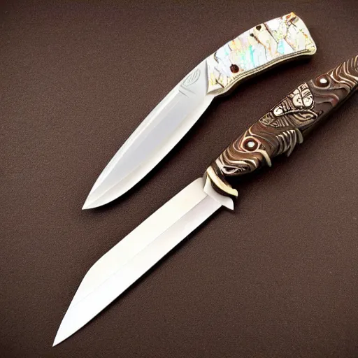 Prompt: mother of pearl pocket knife with a bowie inspired blade, high detail rendered