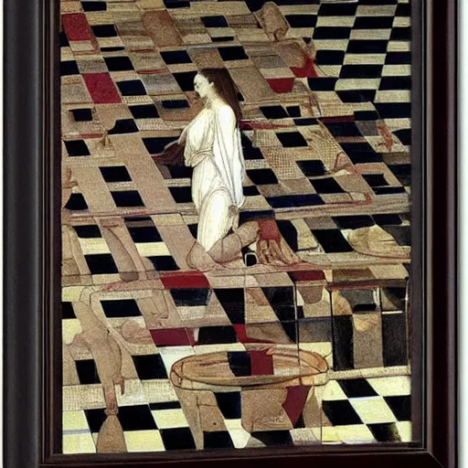 Prompt: checkered floor with a female by edward burne - jones