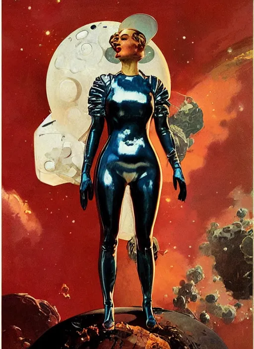 Image similar to elegant lady wearing a latex spacesuit standing on venus, by norman rockwell, jack kirby, jon berkey, earle bergey, craig mullins, ruan jia, jeremy mann, tom lovell, marvel, astounding stories, 5 0 s pulp illustration, scifi, fantasy