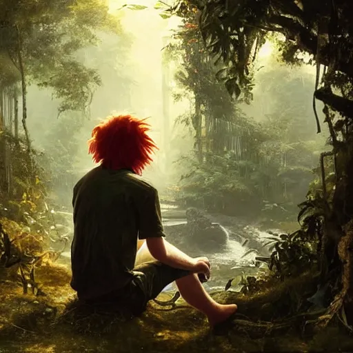 Image similar to a red-haired long-haired teenage boy sitting at a computer, jungle around him, painting by Greg Rutkowski, smooth sharp focus, point of view from behind him