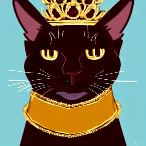 Image similar to chocolate burmese cat wearing royal crown and robes, artstation, fantasy