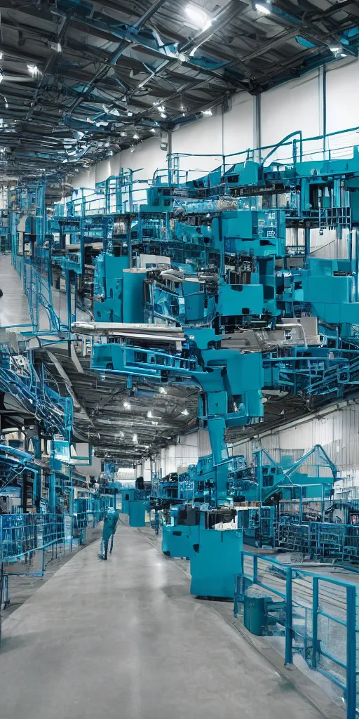 Prompt: factory industrial environment with highly complex machines, conveyors, palletizing robots in dark teal and mageta colors
