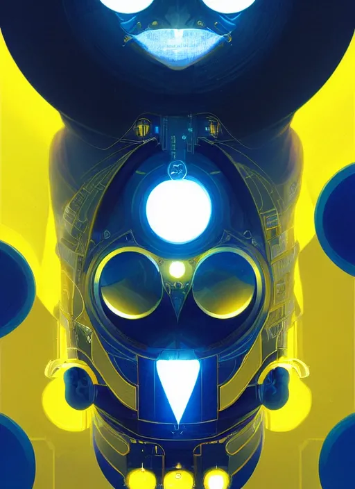 Image similar to symmetry!! portrait of penguin, sci - fi, tech wear, blue and yellow glowing lights!! intricate, elegant, highly detailed, digital painting, artstation, concept art, smooth, sharp focus, illustration, art by artgerm and greg rutkowski and alphonse mucha