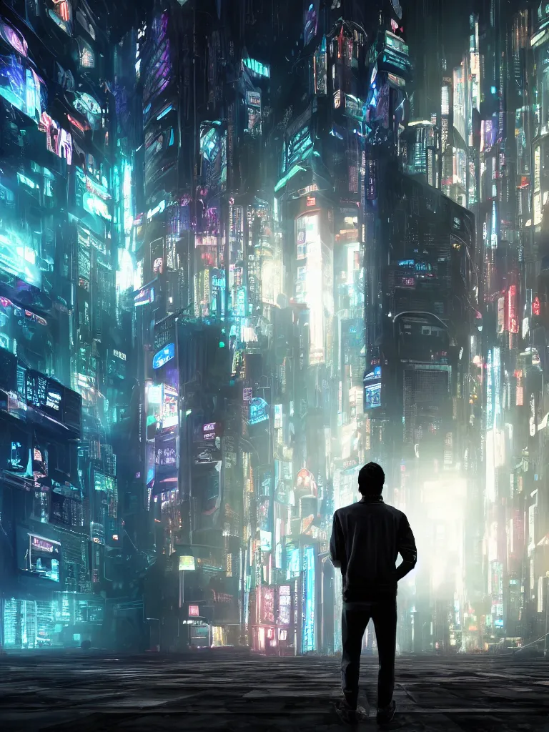 Man needlessly standing on roof overlooking cyberpunk city posing