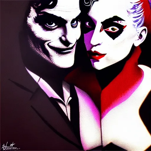 Prompt: artgerm and mimmo rottela and banksy as joaquin phoenix skinny joker holding hand lady gaga harley queen, ultra photorealistic, intricate details, pop art style, baroque, hyperdetailed, concept art, ultrarealistic, 3 colors, smooth, sharp focus