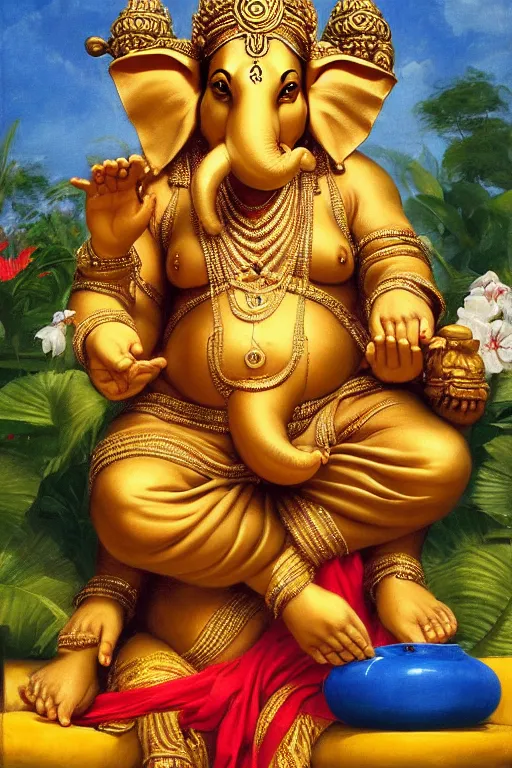 Prompt: Lord Ganesha, golden hour, near a tropical pool, artstation, by J. C. Leyendecker and Peter Paul Rubens,