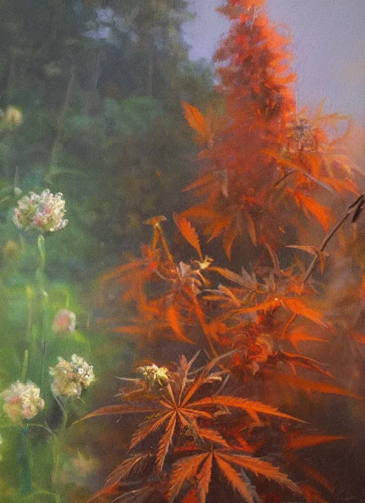 Image similar to oil painting by anders zorn, nature, bush, marijuana flowers, backlit cannabis leaves with backlight