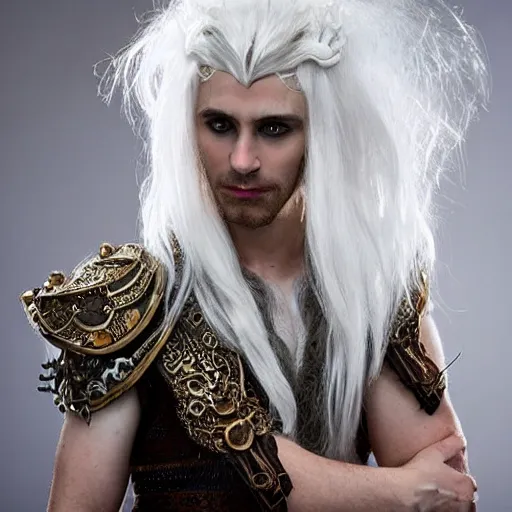 Prompt: elven king, white hair, steampunk outfit, 1900's Photography