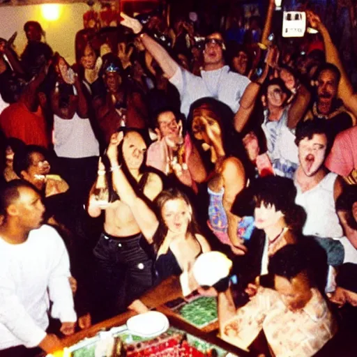 Image similar to photo of a small party with people partying in the early 1990's. 2pac can be seen in the background.