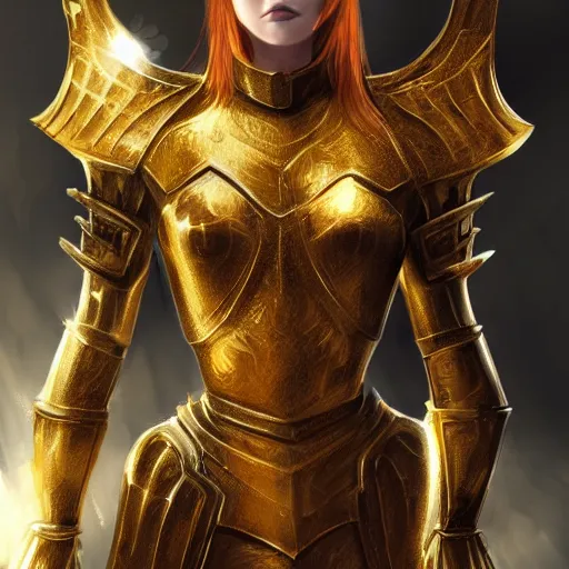 Image similar to a beautiful woman wearing gold armor, redhead, short hair, digital art, extremely detailed