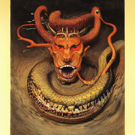 Image similar to demiurge head face eyes fangs serpent serpent python wearing a lion costume furry ears neck neck tall long viper j.m.w. turner greg rutkowski giorgio de chirico william merritt chase ralph steadman arsen savadov dan witz uta natsume
