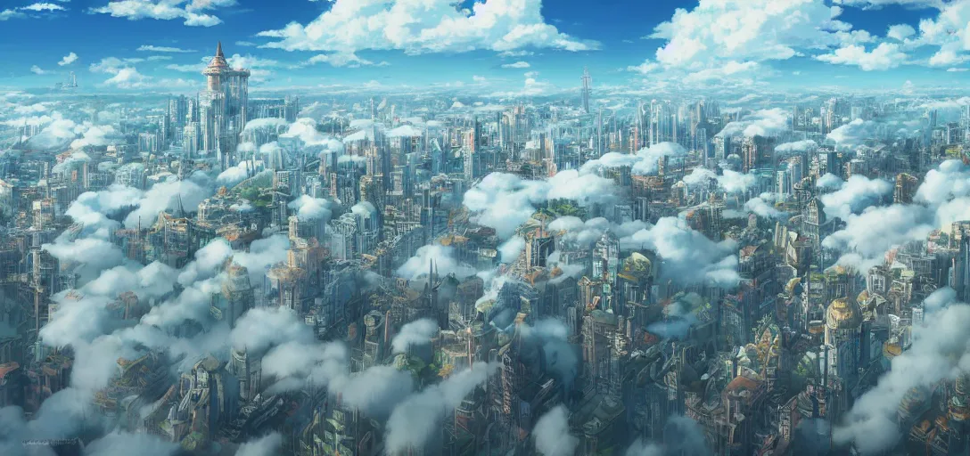 Image similar to city floating in the clouds by studio ghibli, ultra detailed, detailed, 8 k