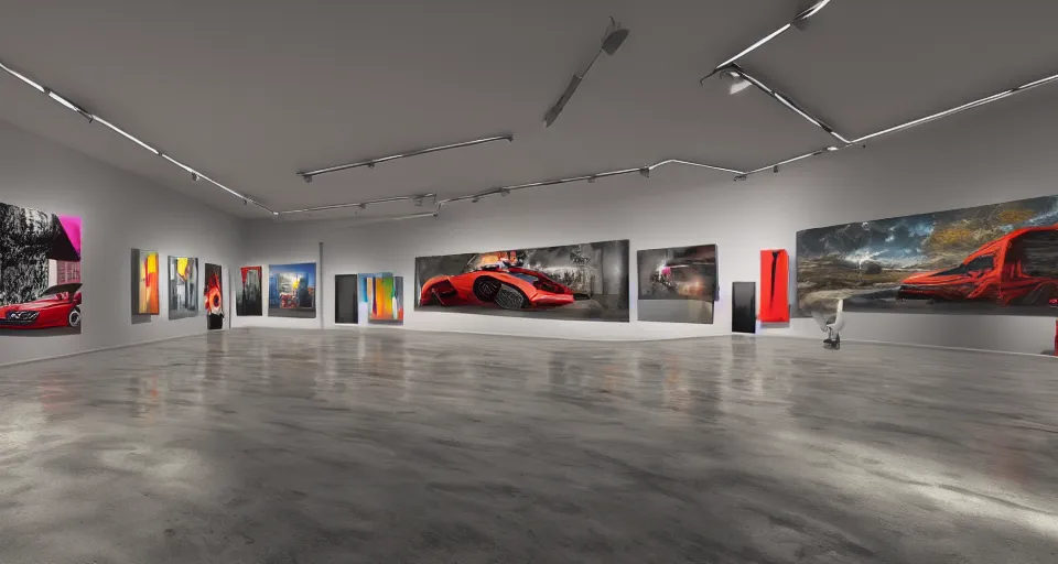 Prompt: a gallery exhibition, photographs of cars on the walls, exhibition, show, vibrant scene, volumetric lighting, environment concept, hyper realistic, 8 k render, unreal engine 5 render