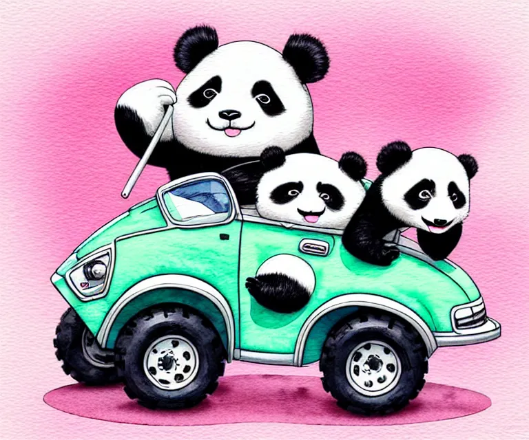 Image similar to cute and funny, panda wearing a helmet riding in a tiny fourwheeler with oversized engine, ratfink style by ed roth, centered award winning watercolor pen illustration, isometric illustration by chihiro iwasaki, edited by range murata, tiny details by artgerm, symmetrically isometrically centered