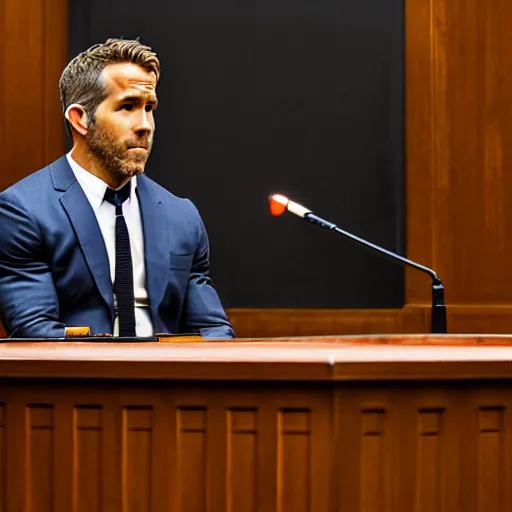 Prompt: ryan reynolds on trial in a courtroom, highly detailed, extremely high quality, hd, 4 k, 8 k, professional photographer, 4 0 mp, lifelike, top - rated, award winning, realistic, detailed lighting, detailed shadows, sharp, no blur, edited, corrected, trending