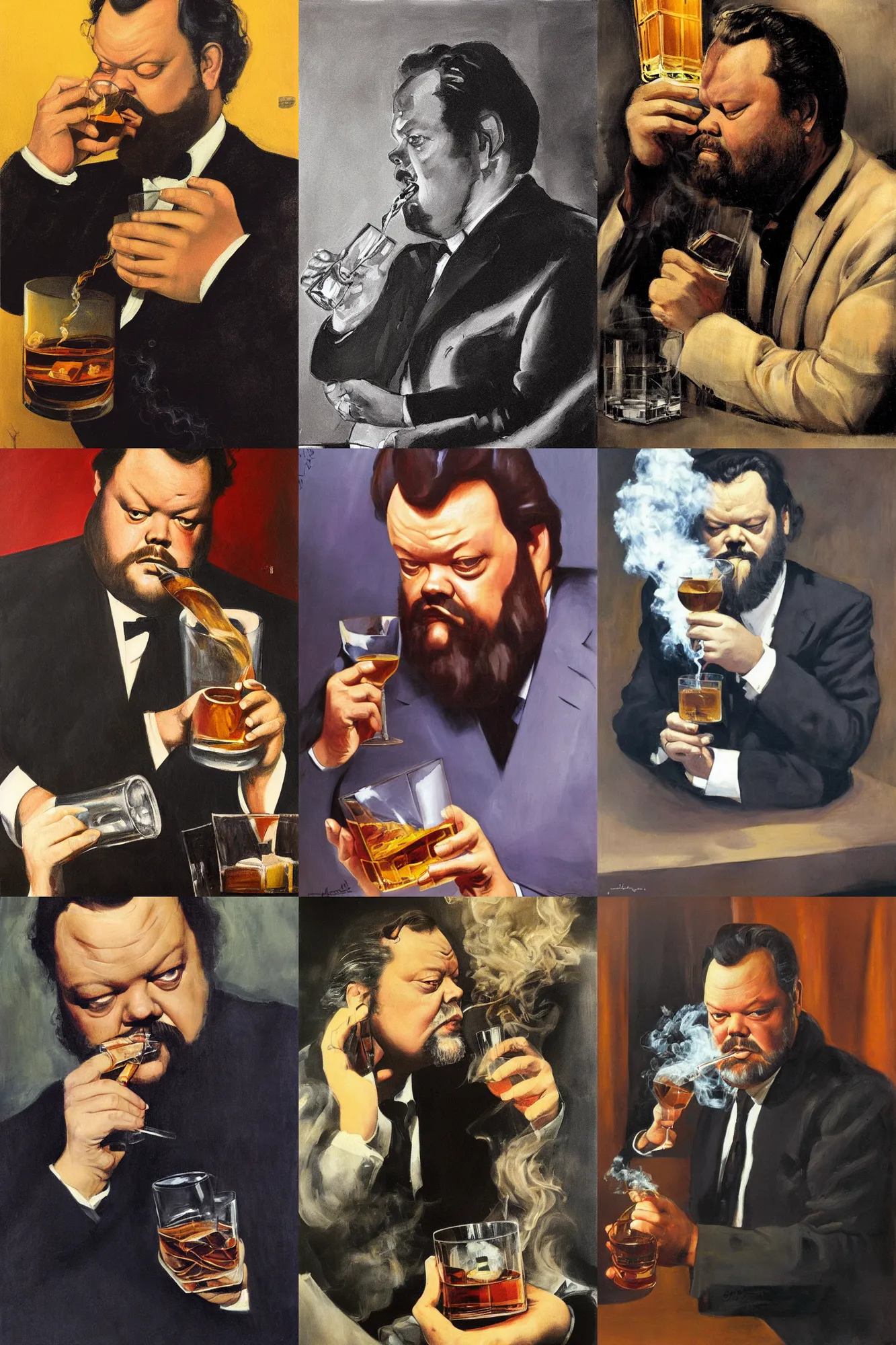 Prompt: portrait of orson welles, drinking whisky from a glass, surrounded by smoke, by john harris, painting