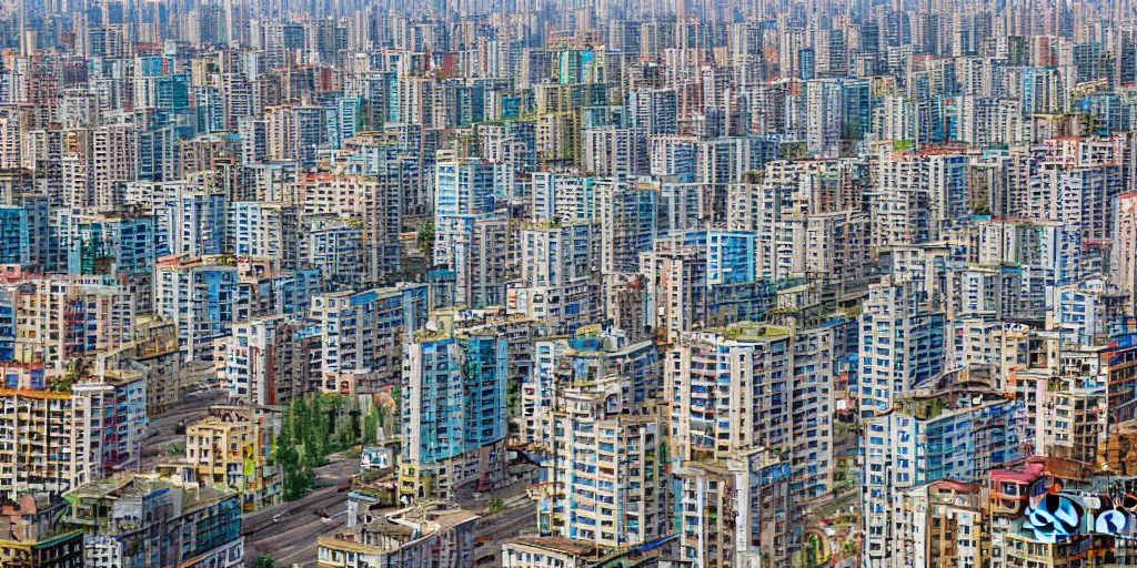 Image similar to bird's eye view photograph of a highrise Russian city, apartments, no watermarks, extremely detailed photography