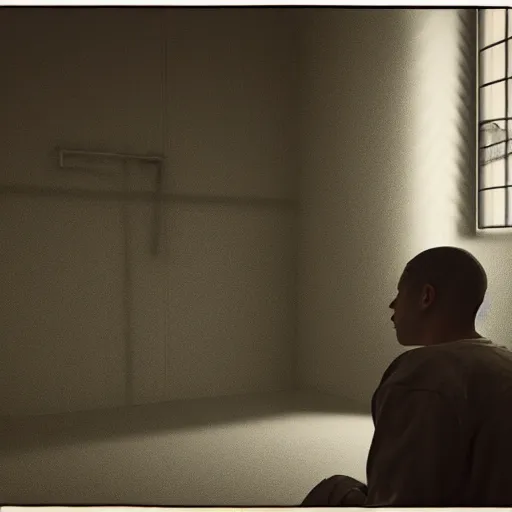 Prompt: a man in prison looking outside the window, hd, Cinematic lighting, 8k