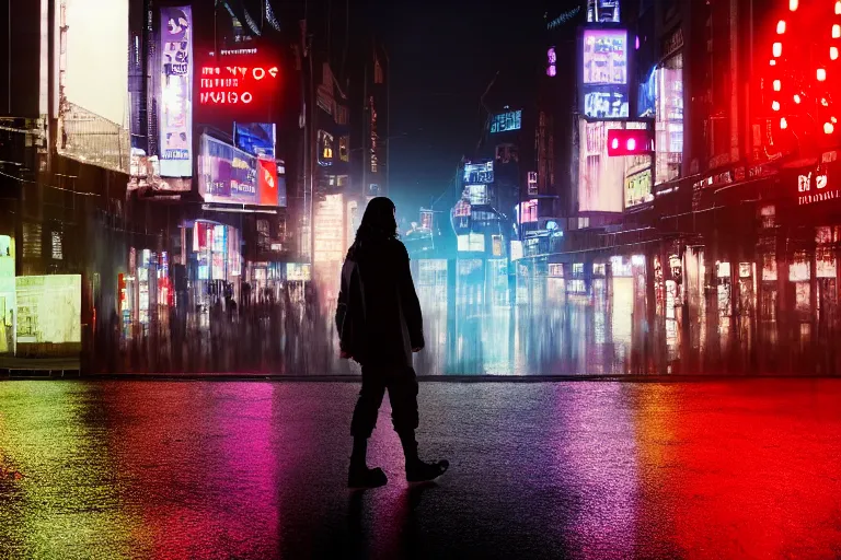 Image similar to a cinematic photograph of jesus walking through a dystopian city street whilst a large group of cyber tech robots follow, rain falls, neon advertisement light up the street, ultra realistic, high definition