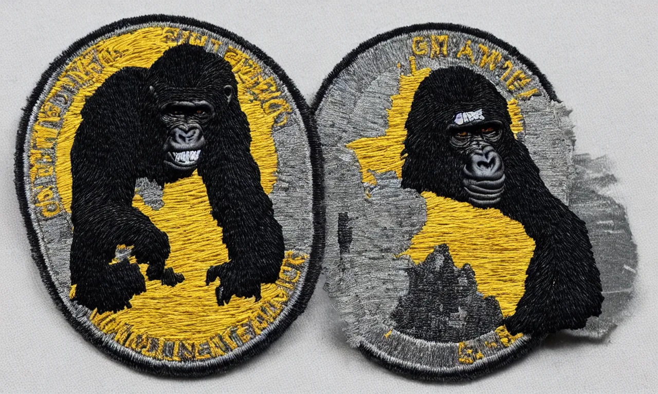 Image similar to a gorilla climbing a communications tower. breaking lighting bolts. round, circular embroidered us radar corps patch 8 k /