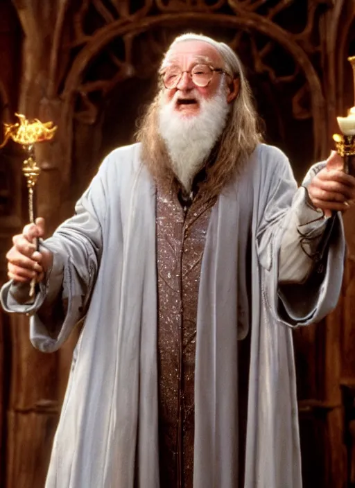 Image similar to film still of Robin Williams as Albus Dumbledore in Harry Potter and the Chambre of Secrets, 4k