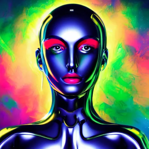 Image similar to portrait of a beautiful android woman, futuristic, chrome and colorful,