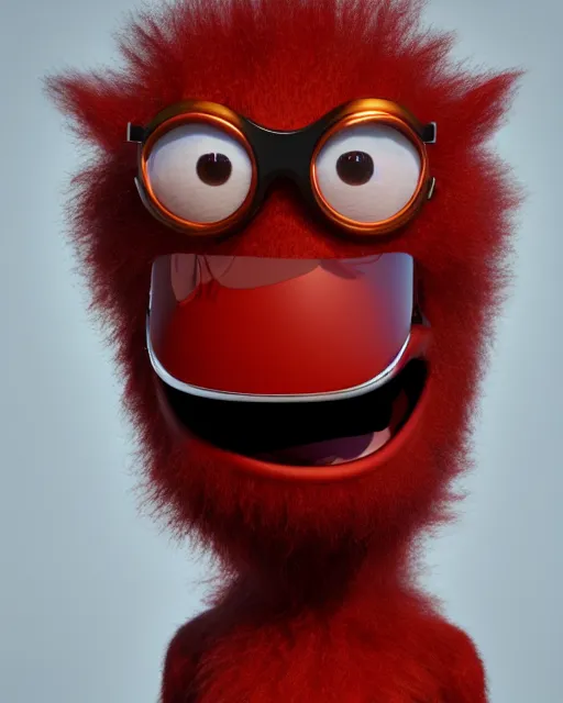 Image similar to 3 d render of completely red hairy friendly antropomorphic creature wearing chrome shades, without nose, full body, standing on 2 feet, in the style of pixar, white background, unreal engine 5, octane render, highly detailed hdr