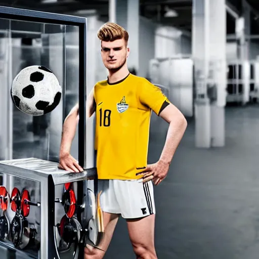 Prompt: a realistic detailed photo of a guy who is an attractive humanoid who is half robot and half humanoid, who is a male android, soccer players timo werner, shiny skin, posing like a statue, blank stare, in a factory, on display, showing off his muscles, gold soccer shorts, side view