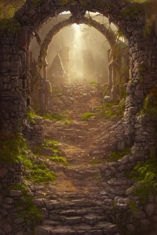 Image similar to matte painting of stone steps at midnight fantasy leading do a viking doorway opened, artstation by emilia dziubak, will terry, greg olsen, chris mars, ann long, and mark brooks, gret ritkowski dramatic, architecture, colorful clean and sharp glossy, warcraft architecture