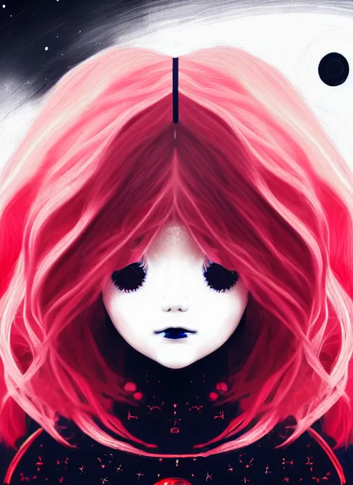 Prompt: highly detailed portrait of a hopeful pretty astronaut lady with a wavy blonde hair, by Bella Kotak, 4k resolution, nier:automata inspired, bravely default inspired, vibrant but dreary but upflifting red, black and white color scheme!!! ((Space nebula background))