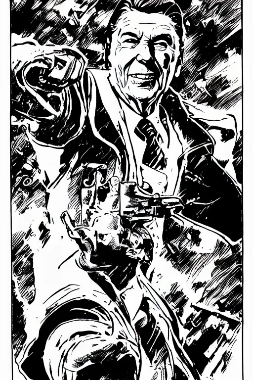 Prompt: ronald reagan, mid - shot, a page from cyberpunk 2 0 2 0, style of paolo parente, style of mike jackson, adam smasher, johnny silverhand, 1 9 9 0 s comic book style, white background, ink drawing, black and white, colouring pages