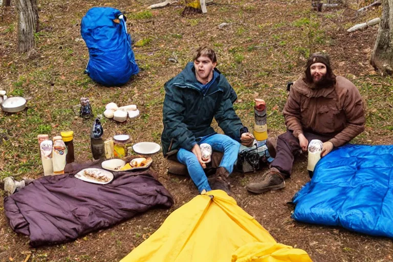 Image similar to outdoor camping with burritos as sleeping bags, bonfire, animals looking, fuji film, realistic