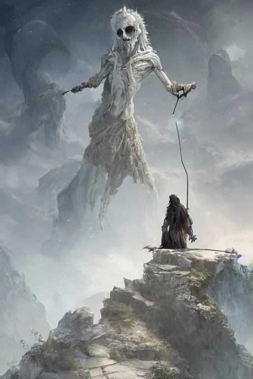 Image similar to profile view, a necromancer on a cliff with a staff casts a spell that reveals the secret of life the universe and everything, dirty linen robes, staff of bones, grizzled bearded withered man by jessica rossier and hr giger