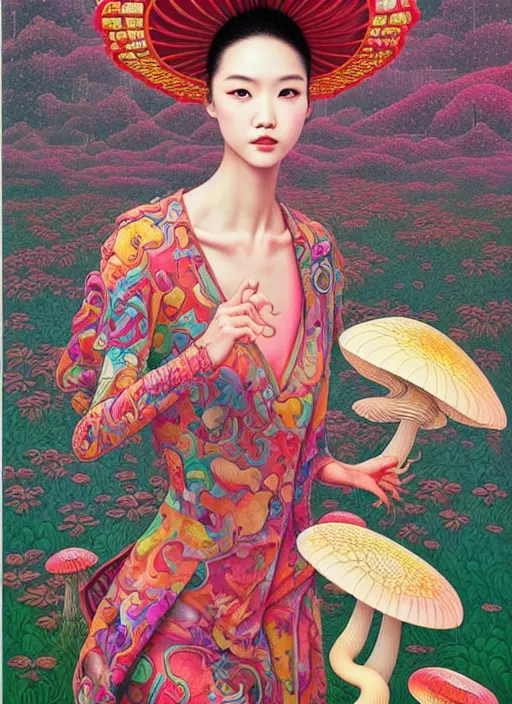 Image similar to pretty chinese model with hallucination mushroom : : by martine johanna and simon stalenhag and chie yoshii and casey weldon and wlop : : ornate, dynamic, particulate, rich colors, intricate, elegant, highly detailed, vogue, harper's bazaar art, fashion magazine, smooth, sharp focus,