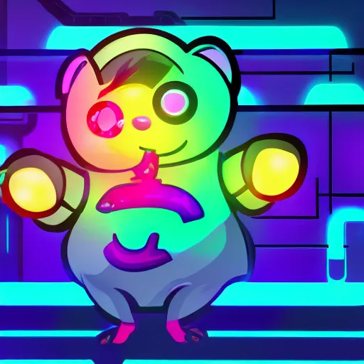 Image similar to hamster! holding rainbow! gem! crystal in a cyberpunk city, neon lights, light reflection, logo, 8 k, hd