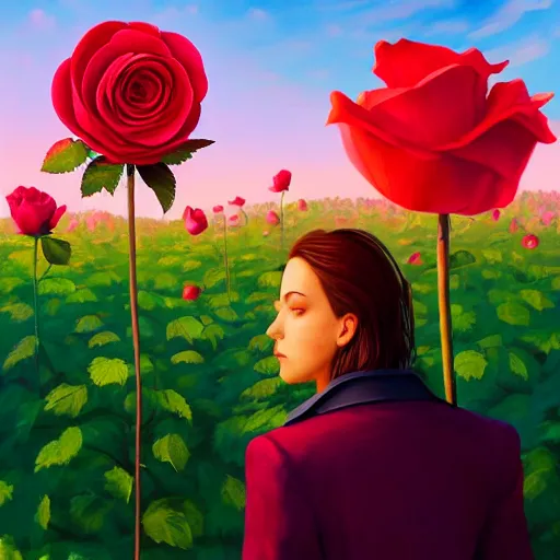 Image similar to closeup, giant rose flower as a head, portrait, girl in a suit, surreal photography, sunrise, blue sky, dramatic light, impressionist painting, digital painting, artstation, simon stalenhag