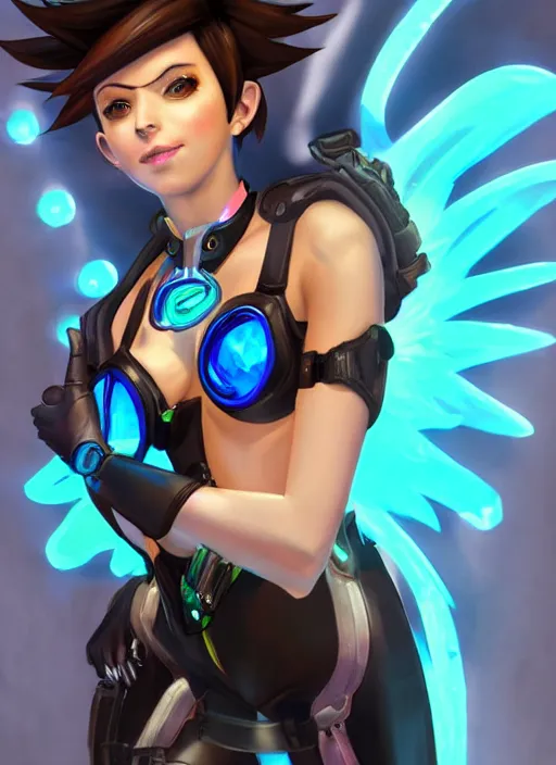 Image similar to fullbody digital artwork of tracer overwatch, wearing black iridescent rainbow latex tank top, 4 k, expressive happy smug expression, makeup, in style of mark arian, angel wings, wearing detailed black leather collar, chains, black leather harness, detailed face and eyes,
