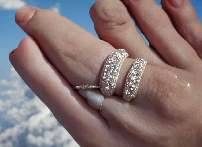 Prompt: a huge glimmering dimond ring on a lady hand in the 8 0's. closeup. clouds in the background