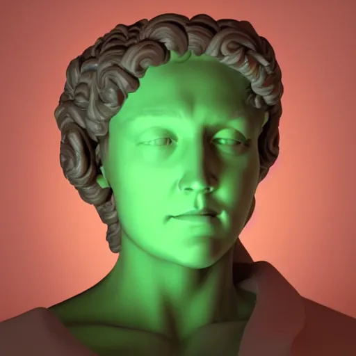 Image similar to a neon ring encircles a renaissance statue head, 3 d render