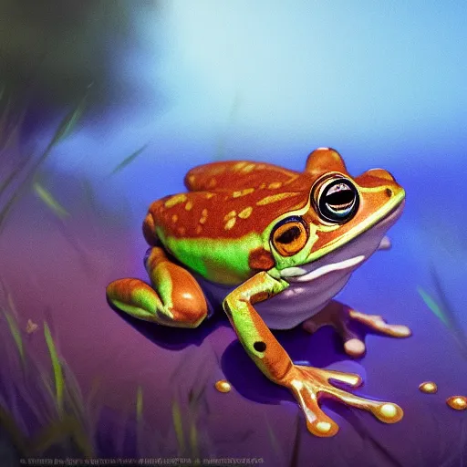 Image similar to portrait of a frog, field background, rich vivid colors, ambient lighting, dynamic lighting, 4k, HQ, official media, Makoto Shinkai, Ilya kuvshinov, Lois van baarle, rossdraws, detailed, trending on artstation