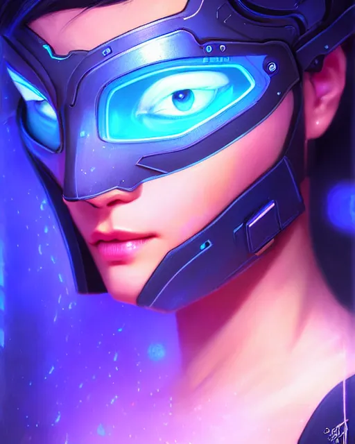Prompt: echo from overwatch, thai, blue glowing holographic face, hologram face, glass face, transparent face, elegant, colorful, fantasy, fantasy art, character portrait, portrait, close up, highly detailed, intricate detail, amazing detail, sharp focus, vintage fantasy art, vintage sci - fi art, radiant light, caustics, by boris vallejo