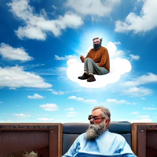 Prompt: realistic photo of a bearded old man sitting on a cloud in the sky using a desktop computer 3 5 mm hdr sunny