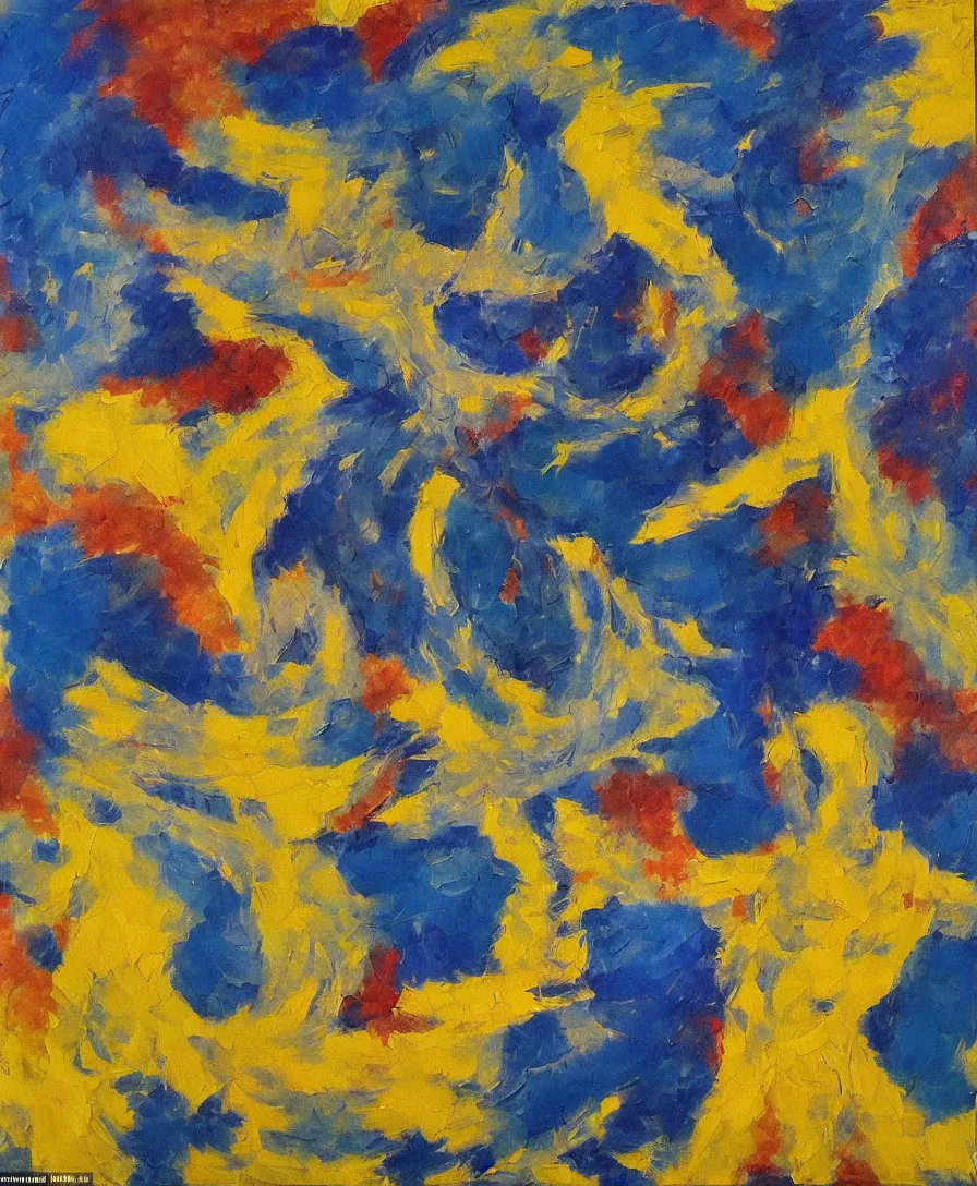 Prompt: a warrior with a blue and yellow flag defeats satan, expressive abstractionism, impressionism, many small saturated hard relief strokes of oil on canvas with high detail