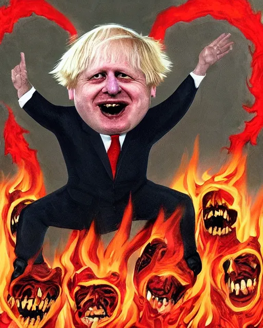 Prompt: dark fantasy painting of uk politician former prime minister boris johnson wearing a suit of red dancing smiling in the fiery pits of hell, smiling and having fun with demons, satanic imagery, pagan, satanic symbolism, 4 k detail