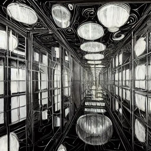 Prompt: a mirror room, full of mirrors, dark, beautiful Concept art in style of Alan Lee