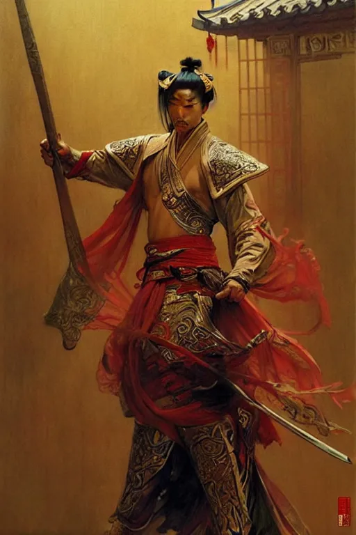 Image similar to wuxia, male, character design, ancient china, colorful, painting by gaston bussiere, craig mullins, j. c. leyendecker, tom of finland