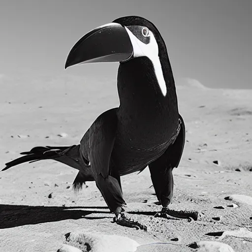 Image similar to photography hyperrealistic tucan on the moon