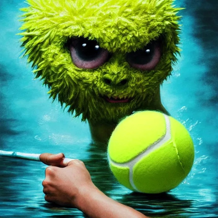 Image similar to cinematic portrait of a cute tennis ball monster in water, chalk, masterpiece, trending on artstation, featured on pixiv, cinematic composition, dramatic pose, beautiful lighting, sharp details, hyper - detailed, hd, hdr, 4 k, 8 k, art by basil gogos