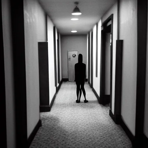 Prompt: creepy hotel hallway with a mannequin, liminal space, trail cam photo